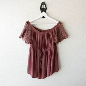 Hint of Blush Maternity Top L Off Shoulder Lace Sleeve Boho Rayon Peasant
